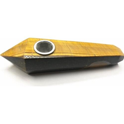 Natural Tiger Eye Crystal Quartz With Metal Filters gemstone Crystal point wand smoking pipe Healing about 3.6-4.1 Inches