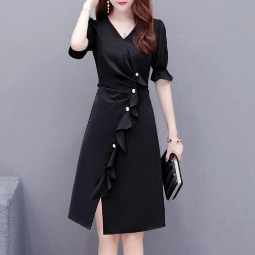 Plus Size Summer Split Button Folds Zipper A-Line Short Trumpet Sleeve V-Neck Knee-Length Black Holiday Cocktail Dresses