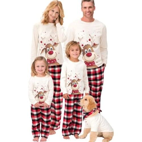 Christmas Parent-child Outfits Long Sleeve Round Neck Deer Head Print Pullover + Plaid Trousers