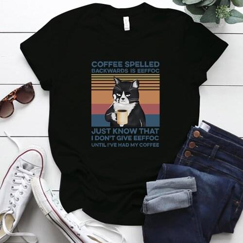 Seeyoushy Coffee Spelled Backwards Eeffoc Funny Cat Print Graphic Tees Women Short Sleeve Summer Tee Shirt Aesthetic Clothes