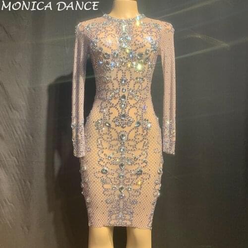Sexy Stage Fashion Silver Rhinestones See Through Dress Prom Party Mesh Outfit Women Dance Dress Birthday Celebrate Dress