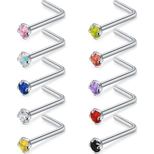 Nose Rings Studs 18G 20G L Shaped Nose Studs With Mix Color CZ Surgical Steel Nose Piercing Jewelry