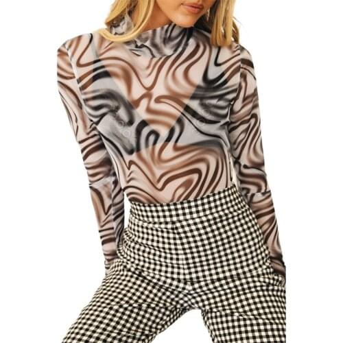 Womens Tees Thin See-through Mesh T-shirt Adults Slim-fit Printed Long Sleeve Stand Collar Pullover Cover Ups