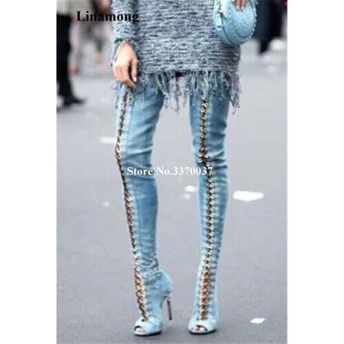 Ladies New Design Open Toe Lace-up Blue Denim Over Knee Gladiator Boots Charming Slim Style Thigh High Heel Boots Sexy Shoes