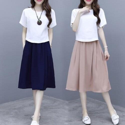 Women 2021 Summer Fashion Casual Suits Female Short Sleeve T-Shirt and Elastic Waist Midi A-Line Skirt Ladies Two Piece Set A85