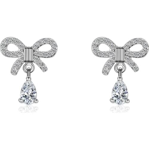Hight Quality New Fashion Shiny Zircon Bowknot Design 925 Sterling Silver Stud Earrings for Women Jewelry Gift Wholesale