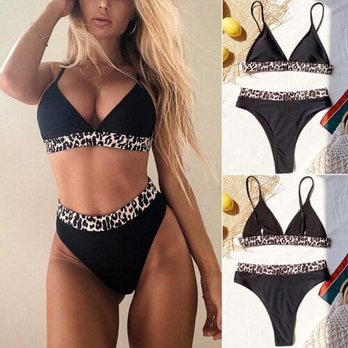 Ladies Swimsuit Leopard Print Bikini Split Swimsuit Set Bikini Black