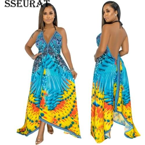 SSEURAT Women Dress Print Sleeveless Halter Backless V-neck Loose Long Maxi Dresses Sexy Fashion Beachwear Summer 2021