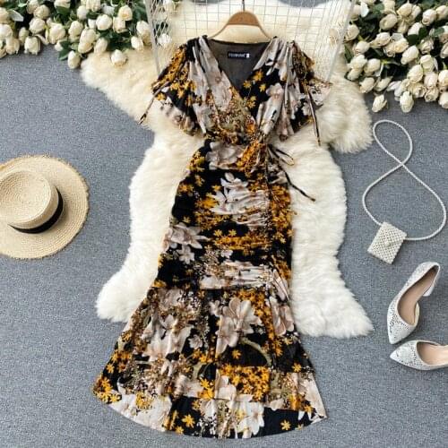 Runway Summer Floral Wrap Dress Women Elegant Fashion Fish Tail Mermaid Pleated Mesh Tulle Flower Printed Korean Midi Long Dress