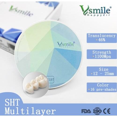 98mm A1/A2/A3 Color Dental Zirconia Multilayer Blocks SHT with 46% Translucency Open CADCAM System