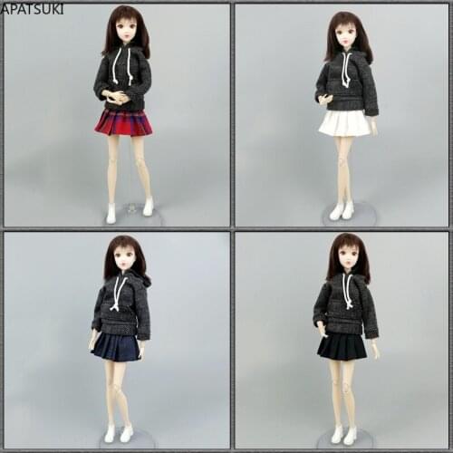 4sets/lot Students Clothes Set for Barbie Doll Outfits 1:6 Black Dotted Top Sweatshirt Hoodies Skirt 1/6 BJD Dolls Accessories