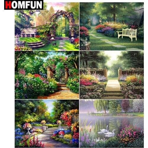 HOMFUN Diamond Painting Cross Stitch "Garden flower lake" Full Square Round Diy 5d Diamond Embroidery Picture Rhinestone Art