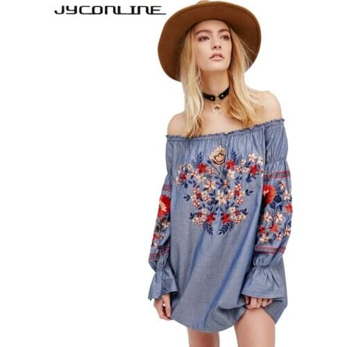 JYConline Vintage Floral Embroidery Female Blouse Shirt Casual Denim Shirt Off Shoulder Women Tops Blusas Slash Neck Blouse Tops