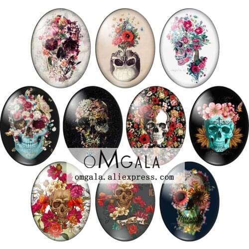 Punk Rose Flower Skull Paintings 10pcs 13x18mm/18x25mm/30x40mm Oval photo glass cabochon demo flat back Making findings