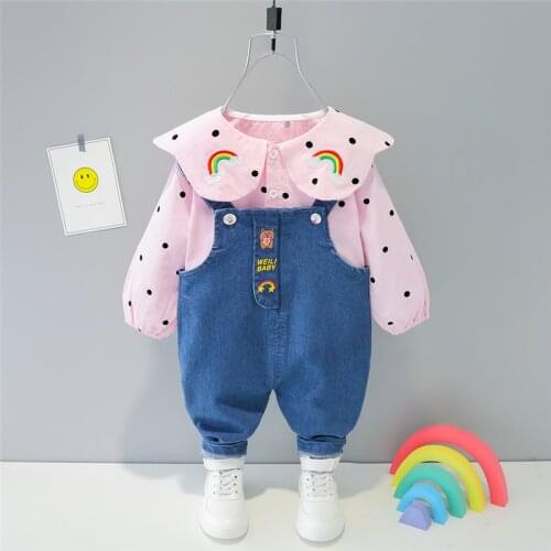 LISUNNY 2021 Spring Baby Girls Clothing Sets Toddler Infant Clothes Lapel Rainbow Overalls Pants Children Kids Clothes