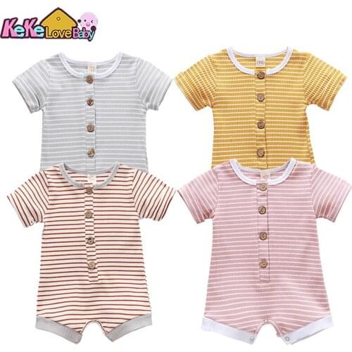 Baby Boys Girls Romper Cotton Short Sleeve Solid Color Stripe Jumpsuit Infant Clothing Summer Newborn Clothes 0-24 Months Outfit