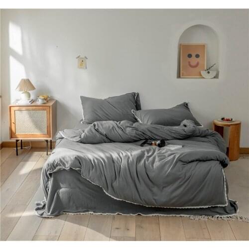 New Arrival 3/4pc Soft Cotton Jersey Knitted Bedding Set With Lace Single Queen King Size Dekbedovertrek Grey Housse De Couette