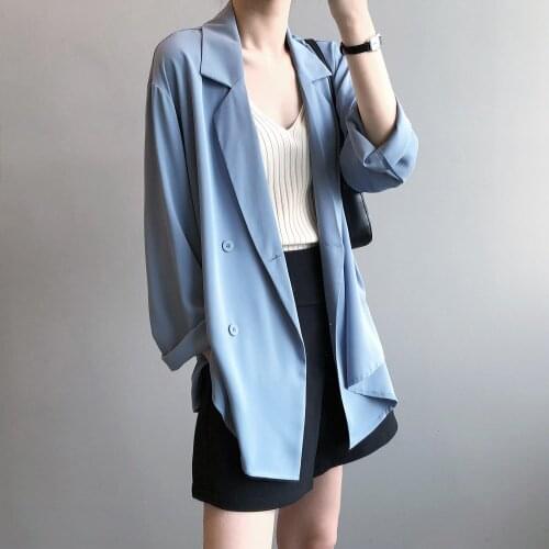 2020 Summer Elegant Thin Turn Down Collar Blue Blazer Coat Casaco Feminino Casual Tops For Women