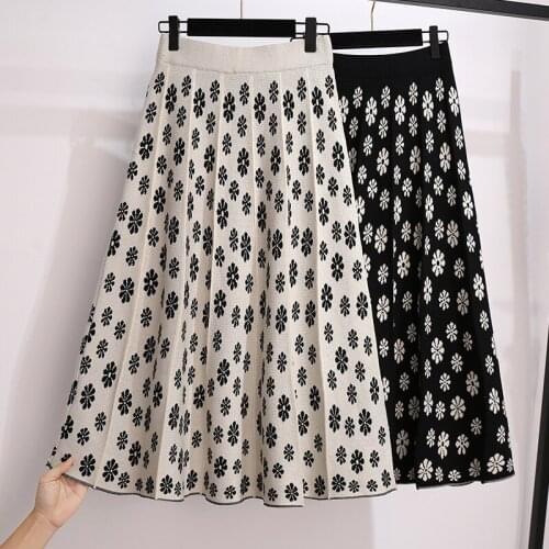 Limiguyue Plus Size Elastic Waist Floral Knitted Skirt Pleated Women Spring Winter Vintage High Waisted Midi Skirts Femme K503