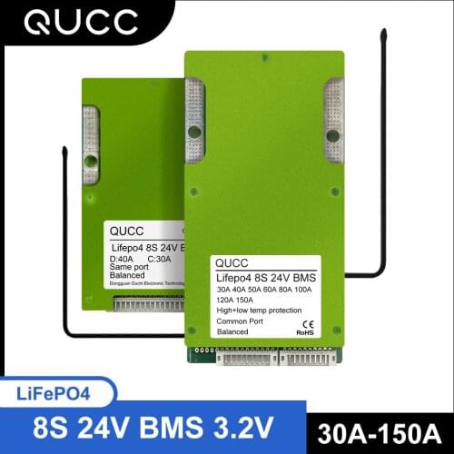 Qucc Lifepo4 BMS 8S 24V with Balance Low High Temperature Protection 150A 120A 100A 80A 60A 40A 30A Lithium Battery 18650 bms