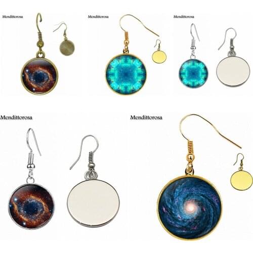 For Child Fashion Glass Cabochon Statement Bronze/Silver/Golden Clip Ear Hook Drop Earrings Fractal Mandala Galaxy Nebula