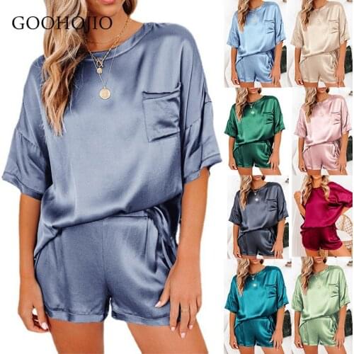 GOOHOJIO 2021 New Spring and Autumn Pure Color Satin Set Women Short Sleeve Two-piece Suit Comfortable Women Home Two-piece Sets