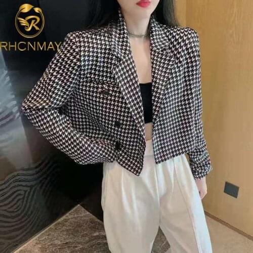 New Autumn Fashion Retro Houndstooth Coat Women Crop Top Loose Single-Breasted Korean Style Elegant Chic Autumn Jacket OL Coat
