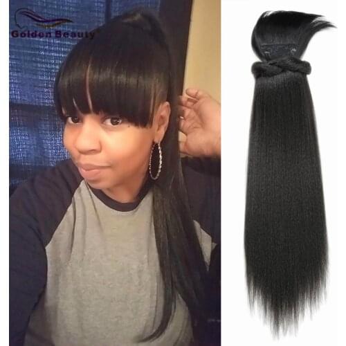 GoldenBeauty Yaki Straight Hair Horsetail With Bangs High Temperature Fiber Black 2 Clip-In Combs 24inch Long Straight Ponytail