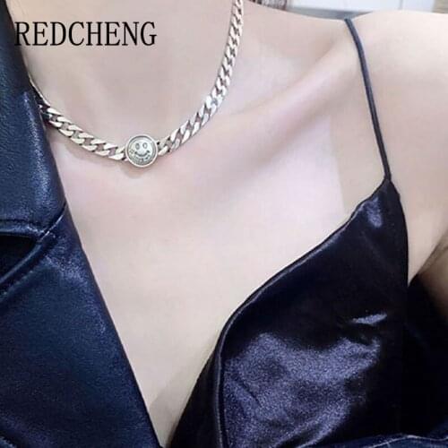 REDCHENG 925 Sterling Silver Necklaces for Women INS Fashion Exaggerated Punk Smiley Face Geometric Anniversary Jewelry Gifts