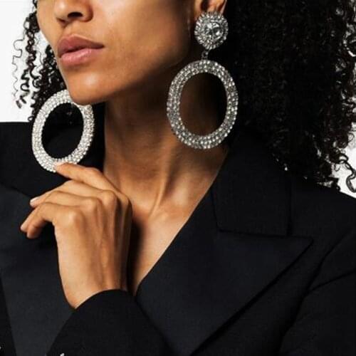 Luxury Big Circle Pendant Earrings Rhinestone Hoop Drop Earrings for Women Geometric Crystal Round Dangle Earrings Jewelry