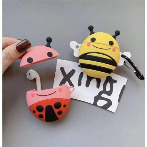 Animal Cover For AirPods 2 Silicone Case 3D Cartoon Bee Ladybug Earphone Case Apple Airpods Protective Cover with Carabiner Hook