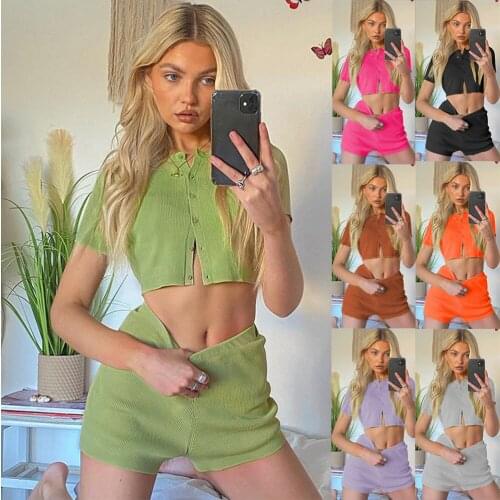 BBK Tracksuit Women Summer Suits Knit Solid Color Two Pieces Set Casual Outfits Button Crop Tops T Shirt Shorts Femme Cloth 2021