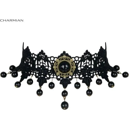 Charmian Gothic Vintage Punk Vampire Bead Gem Lace Choker Necklace Accessories