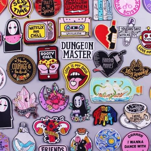 Prajna Van Gogh Embroidered Patches For Clothing Letters Stripes Iron On Patches Cartoon Cute UFO Stickers Sexy Lips Patch DIY