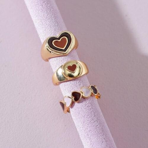 Y2K Jewelry 3pcs Brown Double Heart Rings for Women Metal Punk Fashion Vintage Harajuku Ring Set Charms 2000s Aesthetic Gift New