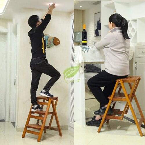 Iron Bar Chair Durable Household Multi Function Step Ladder Stool Foldable Solid Wood Three Indoor Climbing Wooden Modern Style