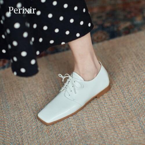 Perixir Design Women Flats Square Toe Genuine Leather Shoes Casual Style Sheepskin Spring New 2021 Lace Up White Shoes for Lady