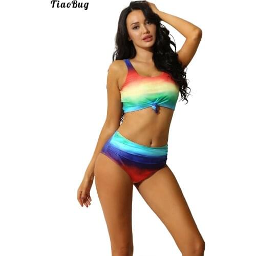 TiaoBug Women Summer 2Pcs Tankini Set Front Knot Swimwear Crop Tank Top Ruched High Waist Bottom Swimsuit Bikini
