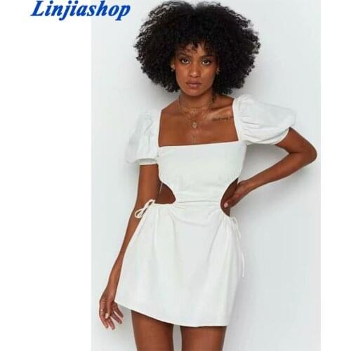New Sexy Hollow Out Mini Dress Women Short Puff Sleeve Square Collar Bandage Backless Female Summer Beach Cotton Dress