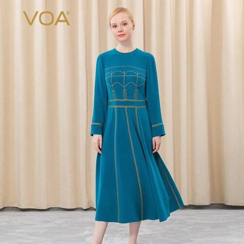 VOA Heavyweight Silk 30m/m Blue Round Neck Long Sleeves Filler Rolloff Golden Arch Needle Wrinkle Woman Dress AE376
