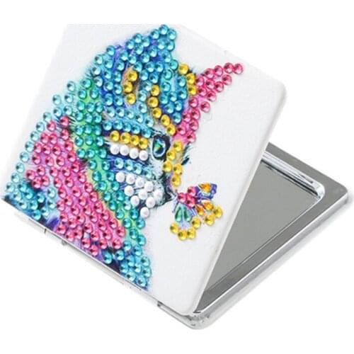 5D DIY Special Shaped Diamond Painting Mirror Women Girl Ultra-Thin Mini Makeup Mirror Embroidery Cross Stitch-Color Cat