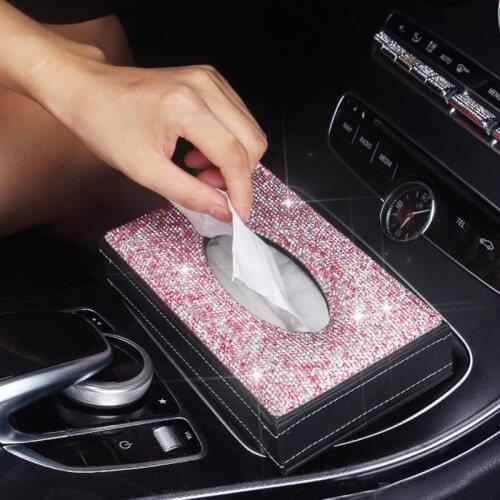 Car Rhinestone Luxurious Tissue Box Storage Towel Sets Bathroom Auto Room Towel Box Holder PU Leather Tissue Box