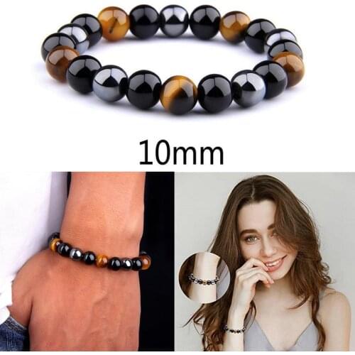 Men Women Triple Protection Bracelet Natural Stone Hematite Black Obsidian Tiger Eye Stone Bracelets For Women Couples Jewelry