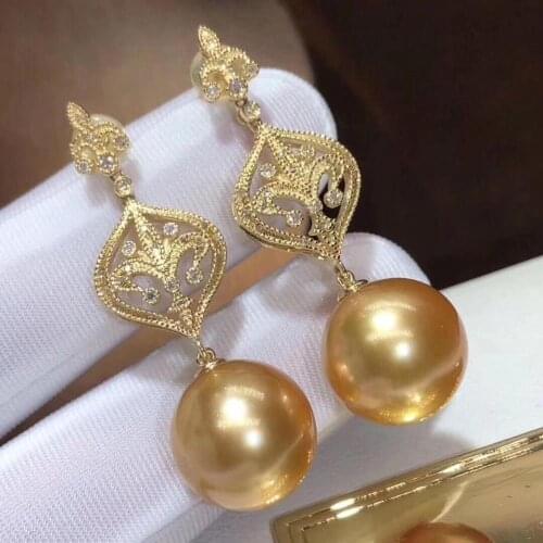 D123 Fine Jewelry Pure 18 K Gold Diamonds Natural Ocean Sea Golden Pearls Drop Earrings for Women Fine Pearl Earrings