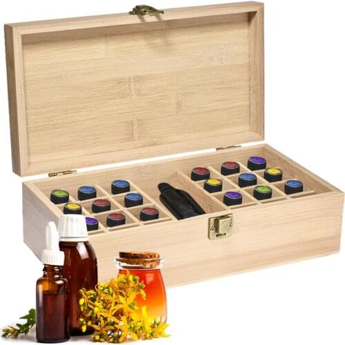 Wood Storage Box Case 24 Slots Essential Oil Bottle Wood Aromatherapy Organizer 5ml 10ml 15ml+1 Large Slot for 118ml 60ml 1-4 oz