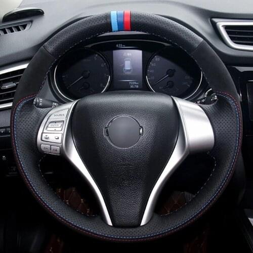 DIY Black Suede Black Genuine Leather Car Steering Wheel Cover For Nissan Teana Altima 2013-2016 X-Trail QASHQAI Rogue 2014 2015
