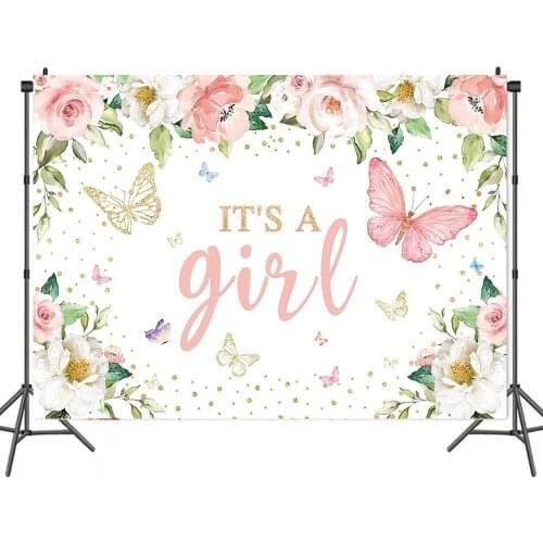 It is A Girl Pink Butterfly Photography Background Floral Golden Glitter Newborn Baby Princess Backdrops