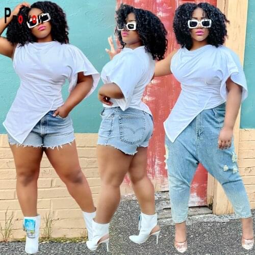 Prowow Fashion Asymmetrical Women Tops Summer White Color O-neck T-shirt for Woman Unique Design One Sleeve Tees Streetwear