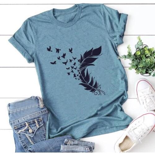 Umeko 2020 Feather Birds Plus Size T-shirt Casual Women Short Sleeve Graphic Harajuku Tshirt Aesthetic Summer Art Y2k Tops Tees