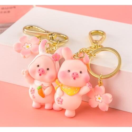 Cartoon Resin Pink Pig Metal Keychain Sakura Pendant Cute Bag Car Keyring Jewelry Lanyard Men Women Couple Accessory Kawaii Gift